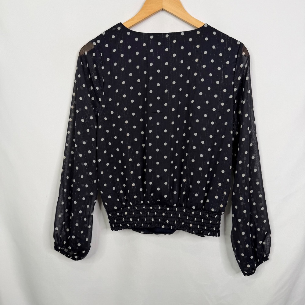 Nine Britton Inez Chiffon Smocked Bottom Blouse Navy Polka Dot Metallic SP NWT - Picture 6 of 8